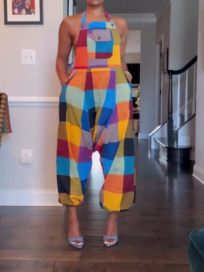 Loose Plaid Hanging Neck Jumpsuit
