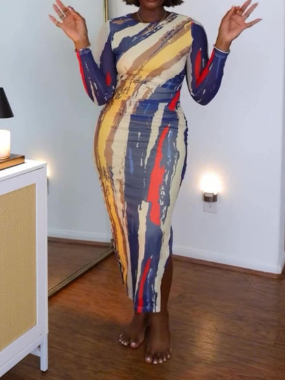 Fashion Long Sleeve Print Tight Fitted Dress