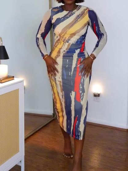 Fashion Long Sleeve Print Tight Fitted Dress