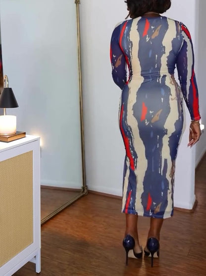 Fashion Long Sleeve Print Tight Fitted Dress