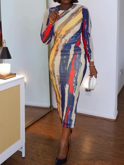 Fashion Long Sleeve Print Tight Fitted Dress