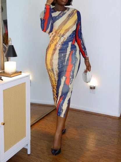 Fashion Long Sleeve Print Tight Fitted Dress