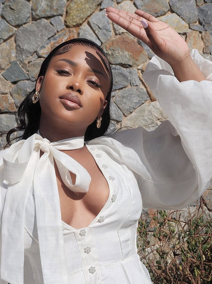 Fashion V-neck Button Bubble Sleeve Maxi Dress