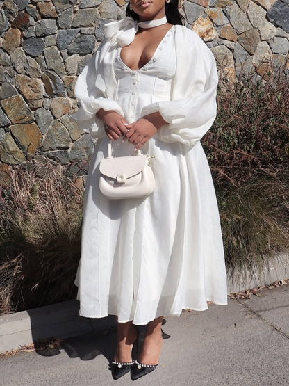 Fashion V-neck Button Bubble Sleeve Maxi Dress