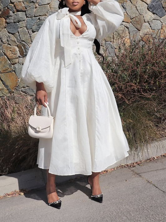 Fashion V-neck Button Bubble Sleeve Maxi Dress