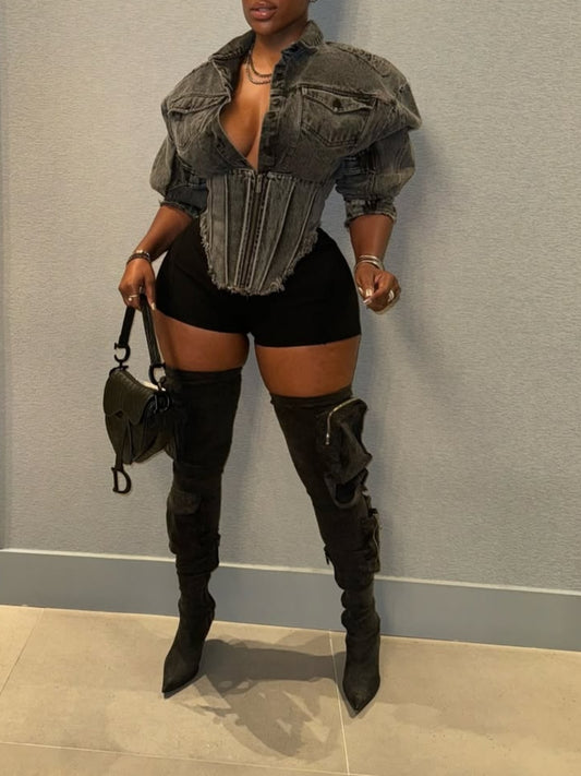 Fashionable Zipper Waist Denim Top