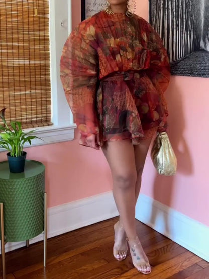 Puffy Sleeve Pleated Short Dress