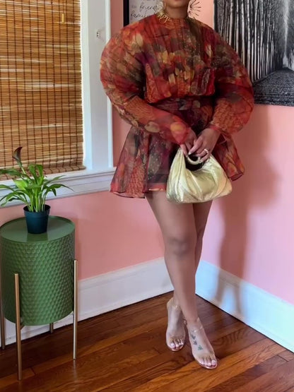 Puffy Sleeve Pleated Short Dress