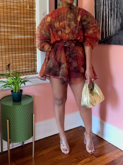 Puffy Sleeve Pleated Short Dress