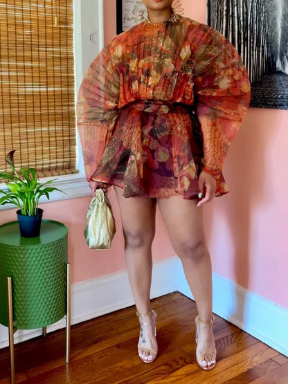 Puffy Sleeve Pleated Short Dress