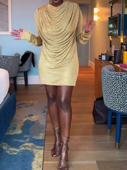 Long Sleeve Stacked Neck Backless Mini Dress