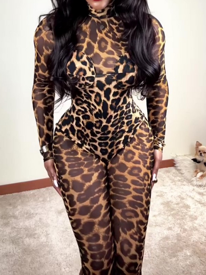 Sexy Slim Leopard Print Mesh Stretch Bodysuit