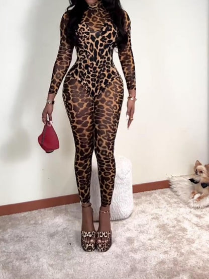 Sexy Slim Leopard Print Mesh Stretch Bodysuit