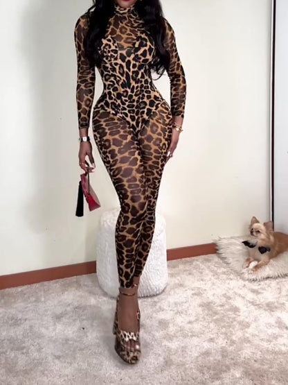Sexy Slim Leopard Print Mesh Stretch Bodysuit