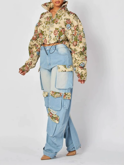 Stylish Floral Denim Cargo Pants Set