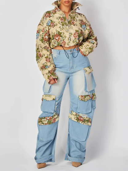 Stylish Floral Denim Cargo Pants Set