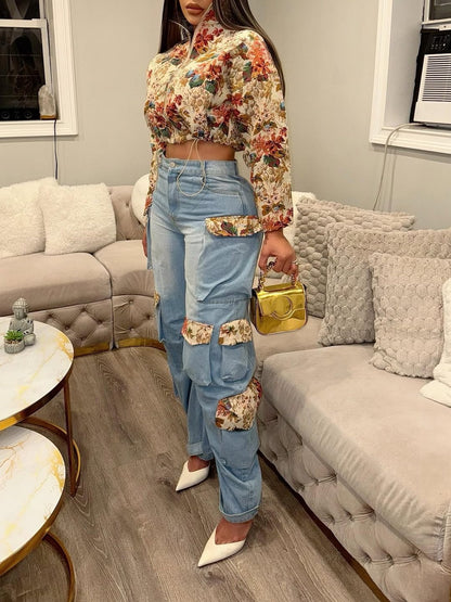 Stylish Floral Denim Cargo Pants Set