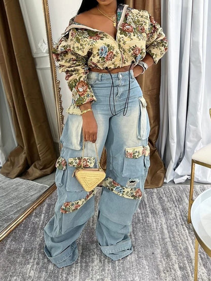 Stylish Floral Denim Cargo Pants Set