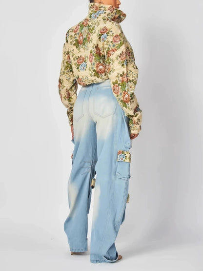 Stylish Floral Denim Cargo Pants Set
