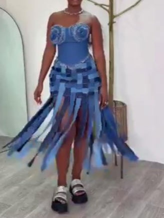 Chic Corset Fringe Skirt Denim Set