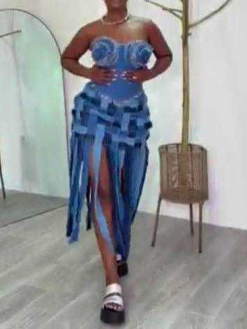 Chic Corset Fringe Skirt Denim Set