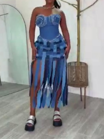 Chic Corset Fringe Skirt Denim Set