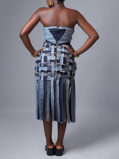 Denim Patchwork Fringe Skirt