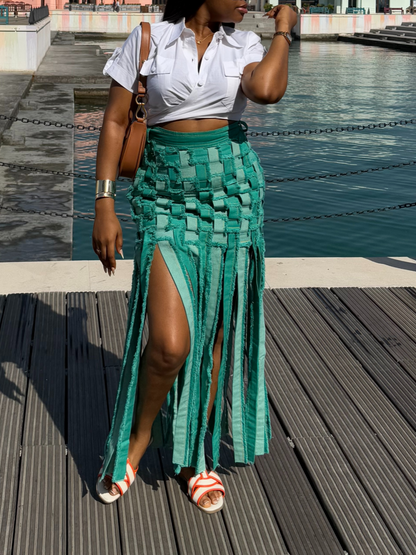 Denim Patchwork Fringe Skirt