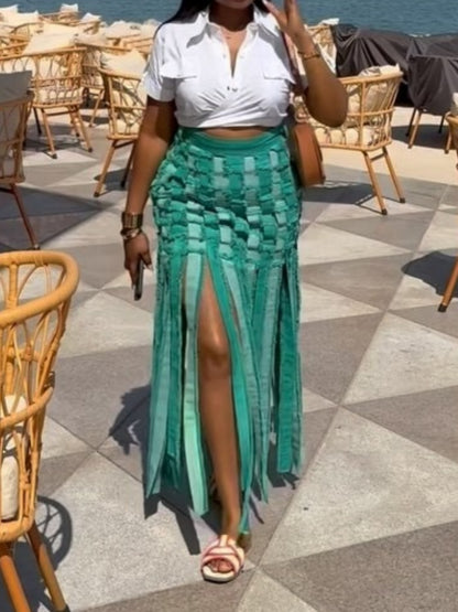 Denim Patchwork Fringe Skirt