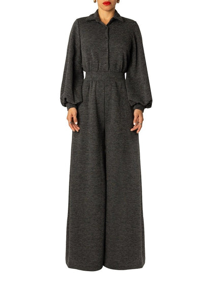 Button Lapel Wide Leg Jumpsuit