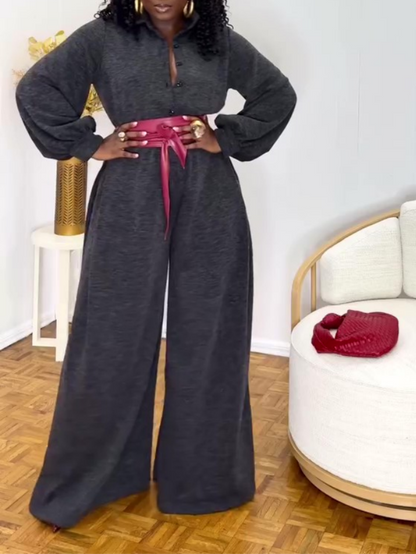 Button Lapel Wide Leg Jumpsuit