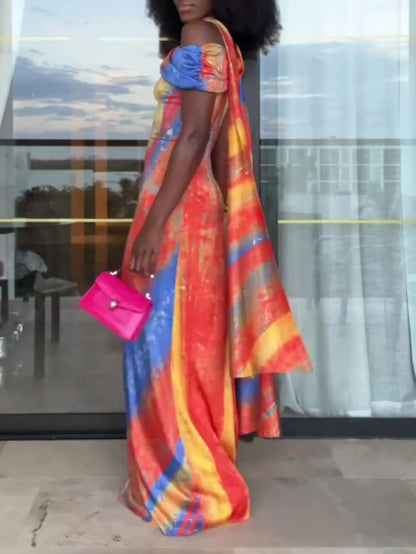 Asymmetric One Shoulder Multicolored Maxi Dress