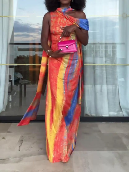 Asymmetric One Shoulder Multicolored Maxi Dress