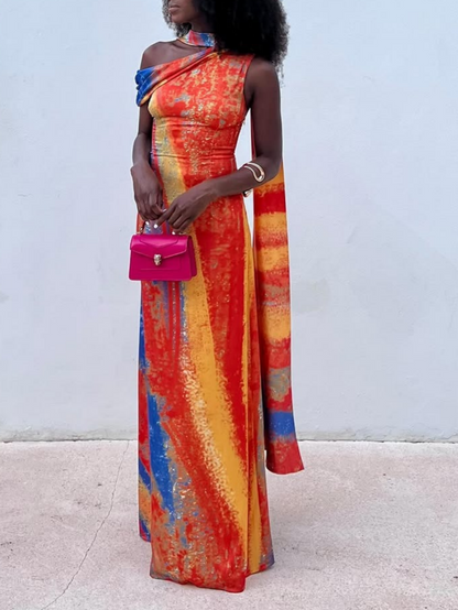 Asymmetric One Shoulder Multicolored Maxi Dress