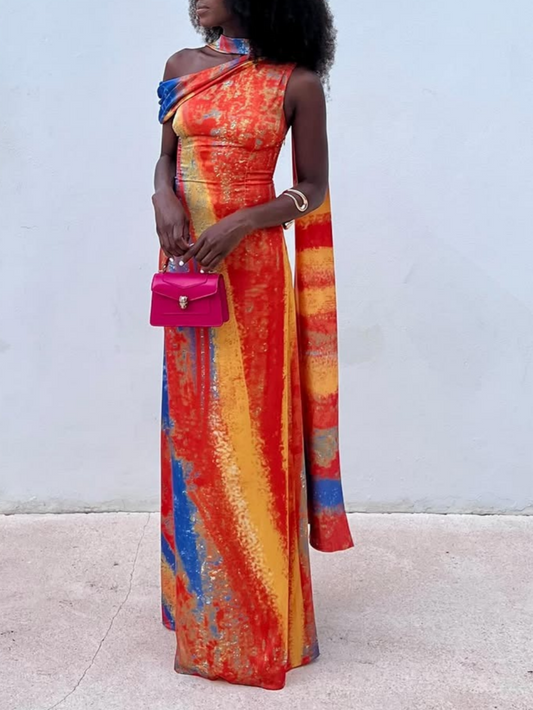 Asymmetric One Shoulder Multicolored Maxi Dress