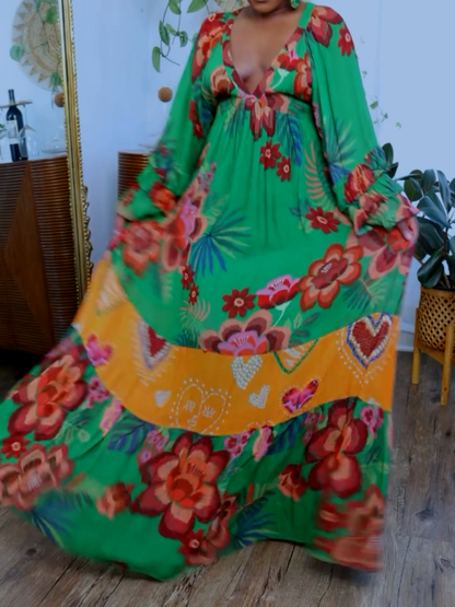 Deep V-neck Bubble Sleeve Printed Maxi Dress