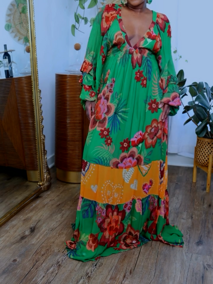 Deep V-neck Bubble Sleeve Printed Maxi Dress