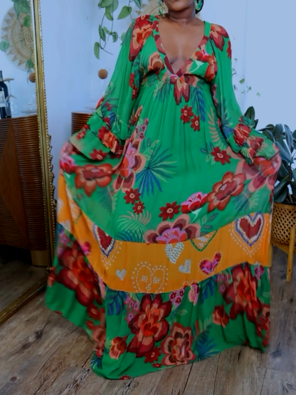 Deep V-neck Bubble Sleeve Printed Maxi Dress