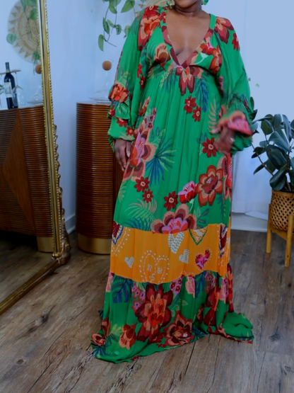 Deep V-neck Bubble Sleeve Printed Maxi Dress