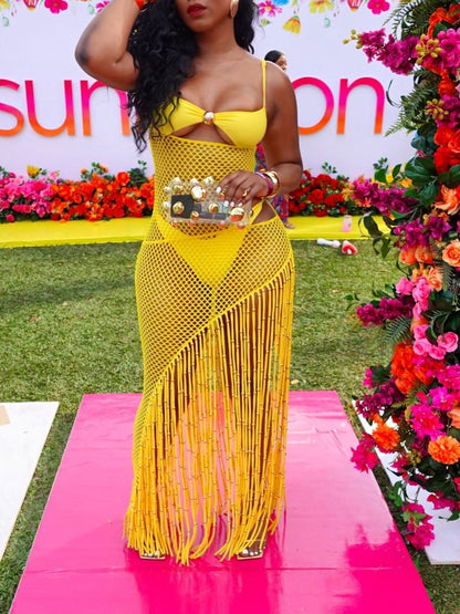 Fishnet Tassel Slip Dress