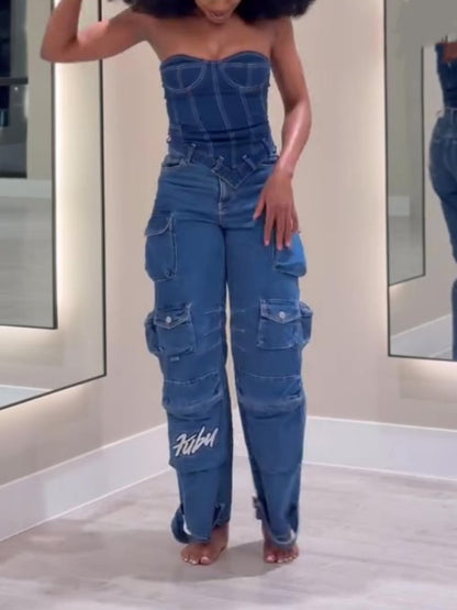 Strapless Top Multi-Pocket cargo Jeans set