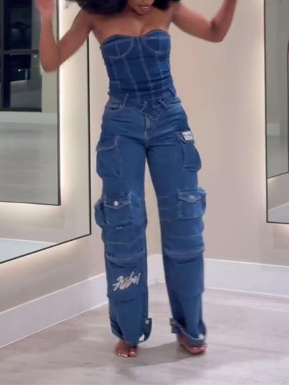 Strapless Top Multi-Pocket cargo Jeans set