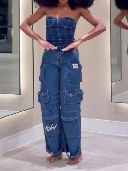 Strapless Top Multi-Pocket cargo Jeans set