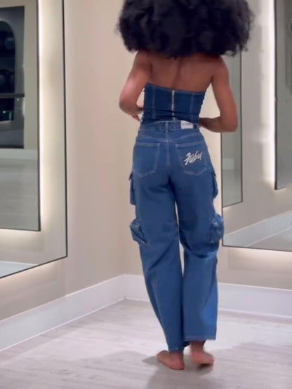 Strapless Top Multi-Pocket cargo Jeans set