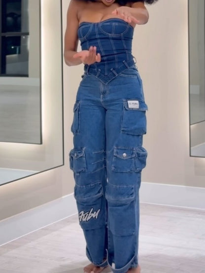 Strapless Top Multi-Pocket cargo Jeans set