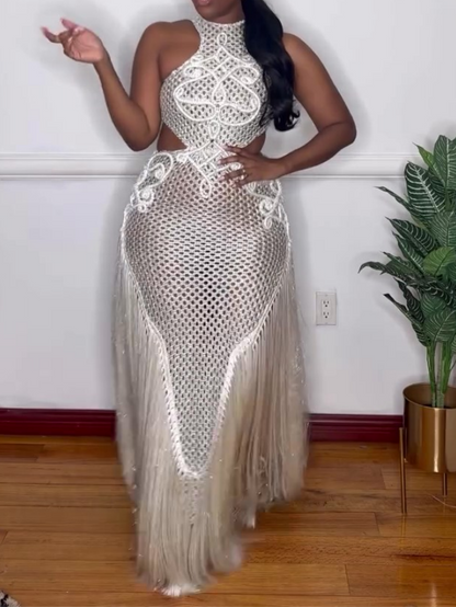 Round Neck Sleeveless Woven Fringe Dress