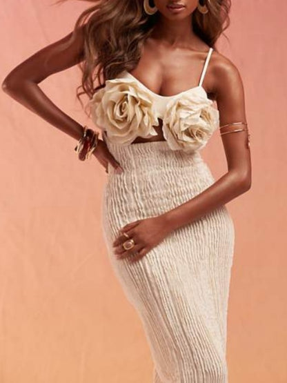 Oversized Corsage Textured Halter Dress