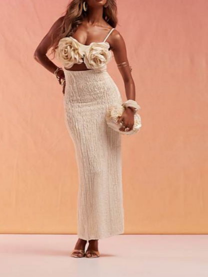 Oversized Corsage Textured Halter Dress