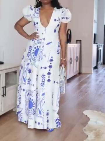 V-Neck Printed Bubble Sleeve Dress