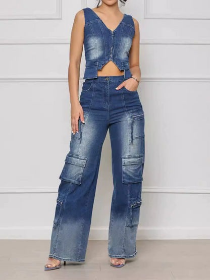 Multi-Pocket Wide Leg Pants Vintage Vest Set